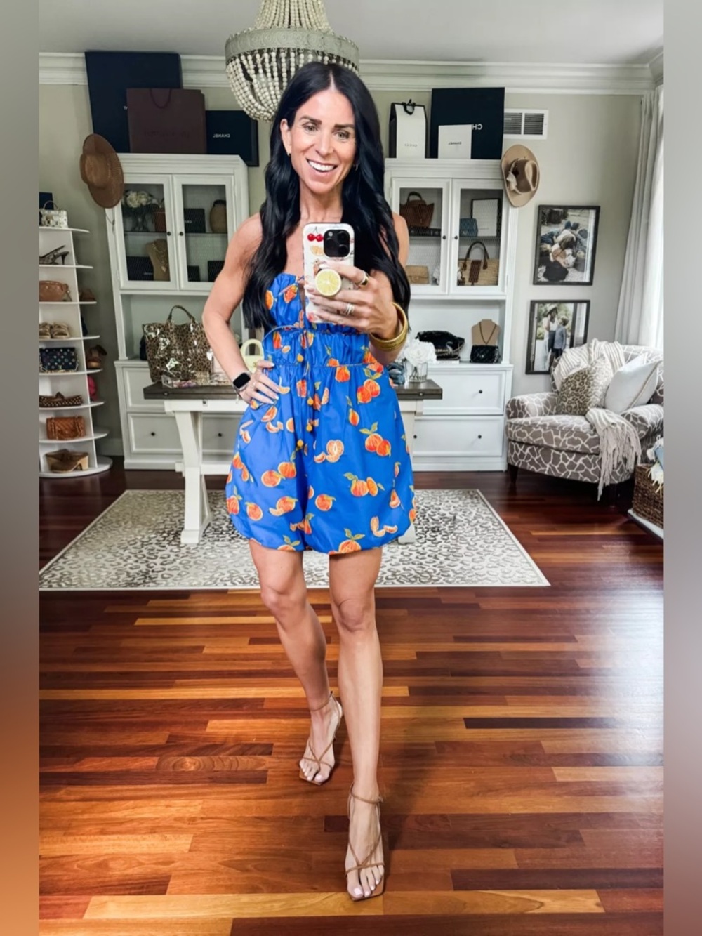 NWT Farm Rio x Anthropologie Orange Fruit Printed Smocked Sleeveless Romper - Picture 4 of 7